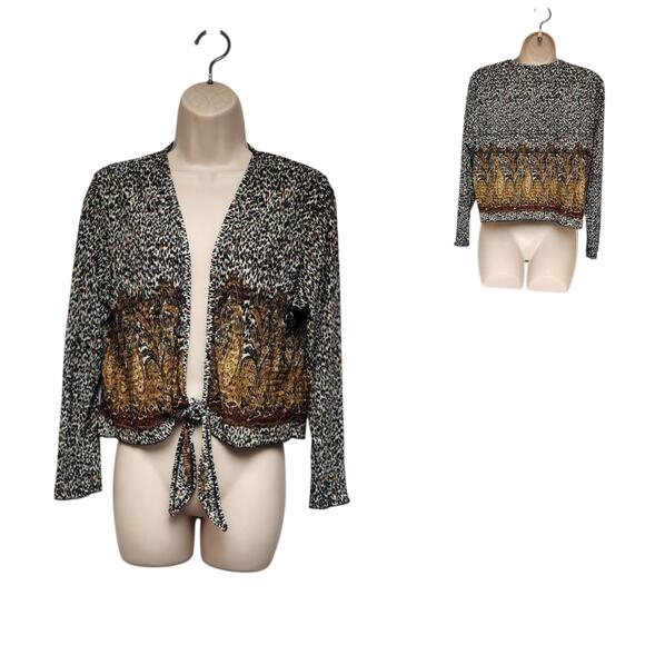 Pleat Pleat By Rafael Leopard Print 3/4 Sleeve Front Tie Crop Blouse Size Large - Picture 1 of 7
